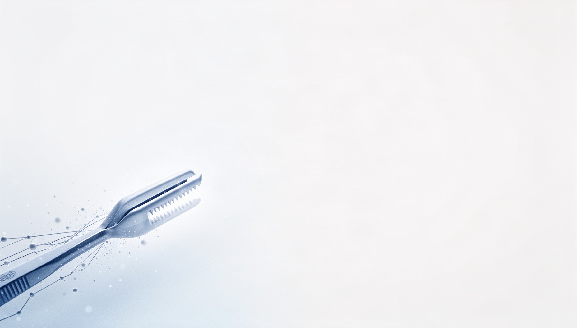 Surgery slide background with a holographic surgical forceps tip in opposite corners (bottom left, top right), white
