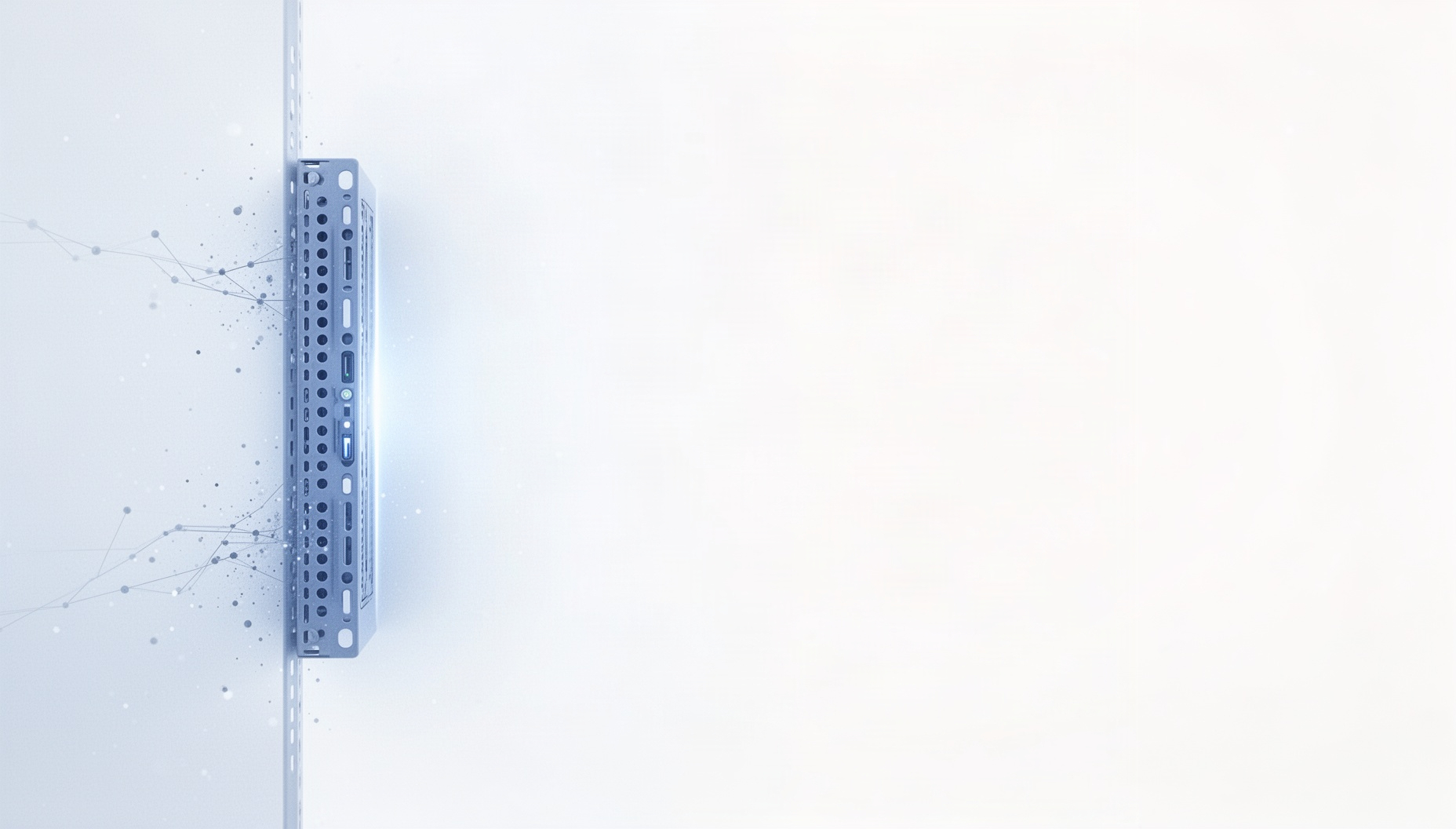 Cyber security PowerPoint background with a holographic server rack on the left edge, white