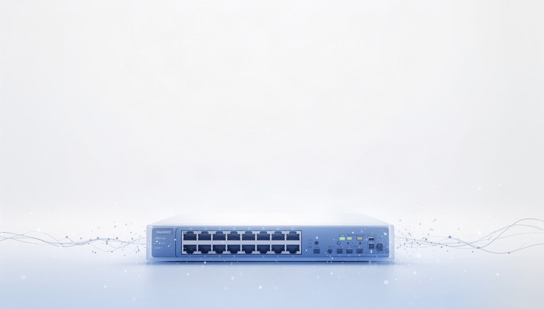 Cyber security PowerPoint background with a holographic network switch along the bottom edge, white