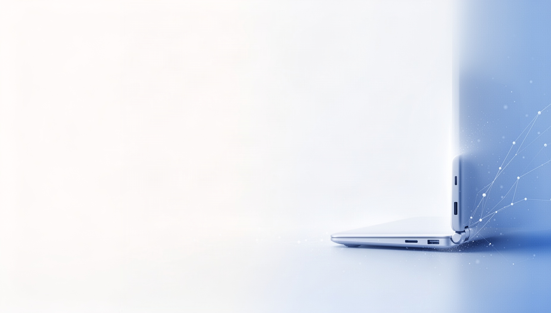Technology presentation background with a holographic laptop hinge in opposite corners, white