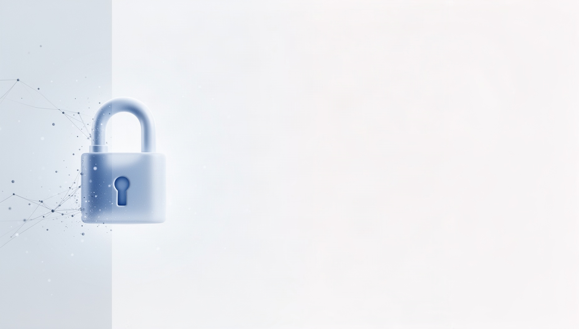 White presentation background with a holographic padlock shackle on the left edge, pale blue