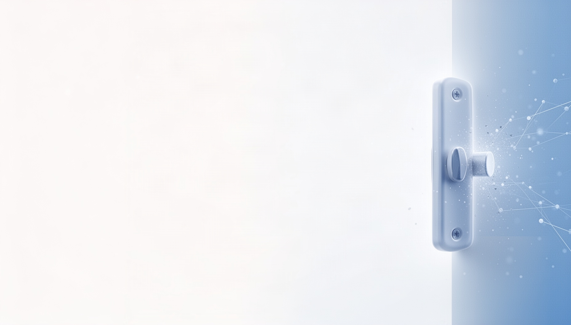 White presentation background with a holographic mortise lock on the right edge, pale blue