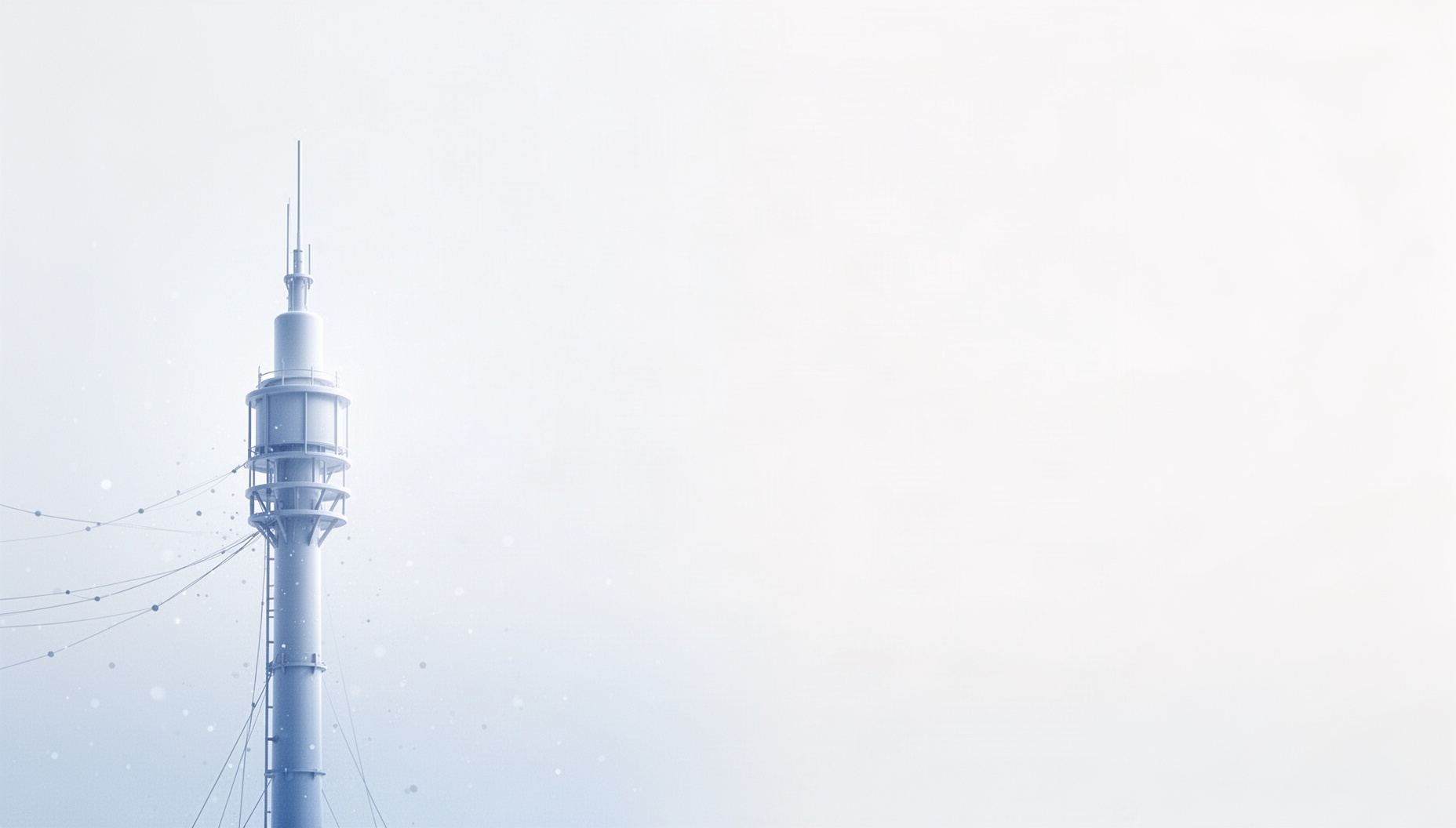 Telecommunication powerpoint background with a holographic radio mast on the left edge, white