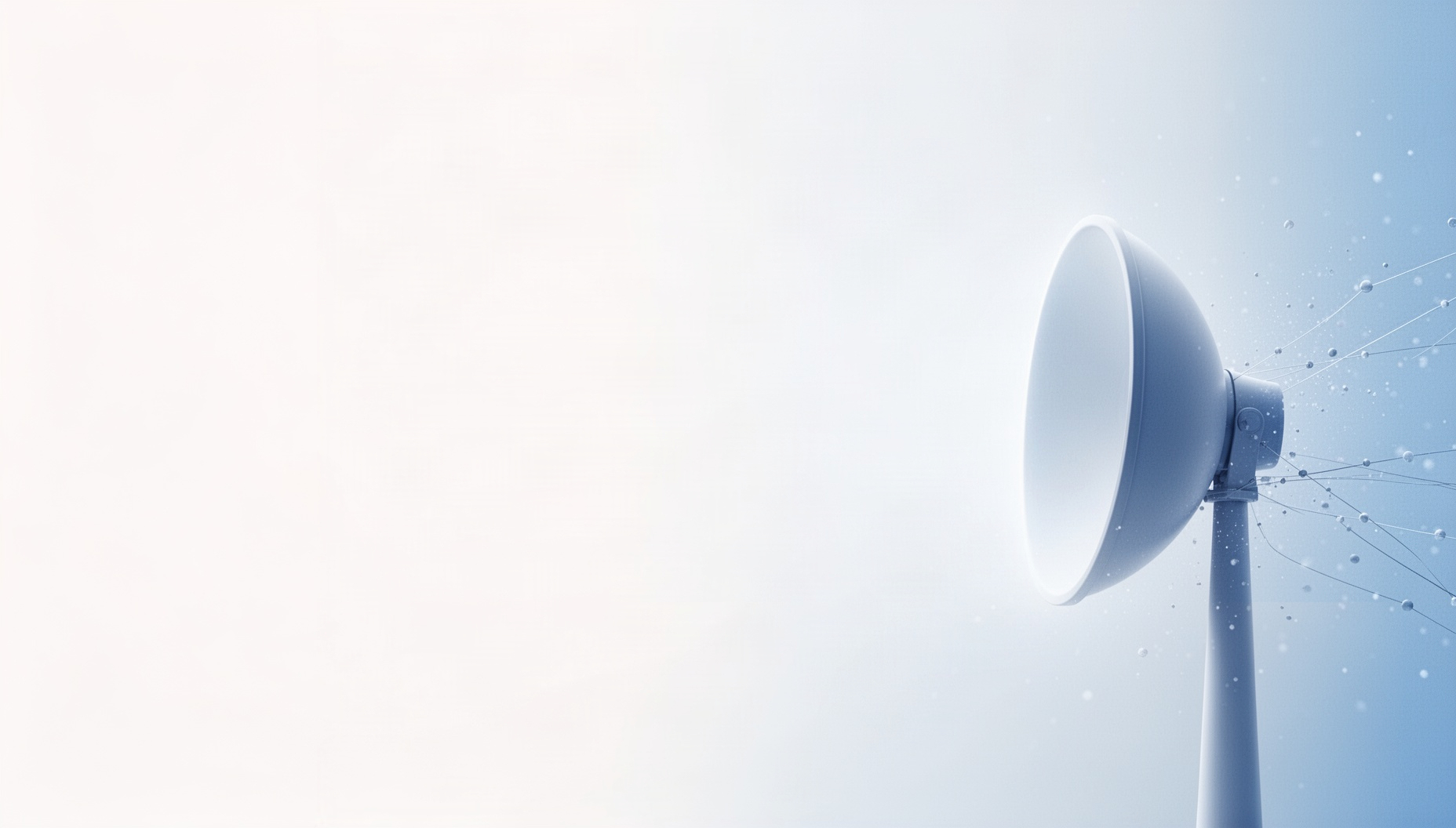 Telecommunication powerpoint background with a holographic sector antenna on the right edge, white