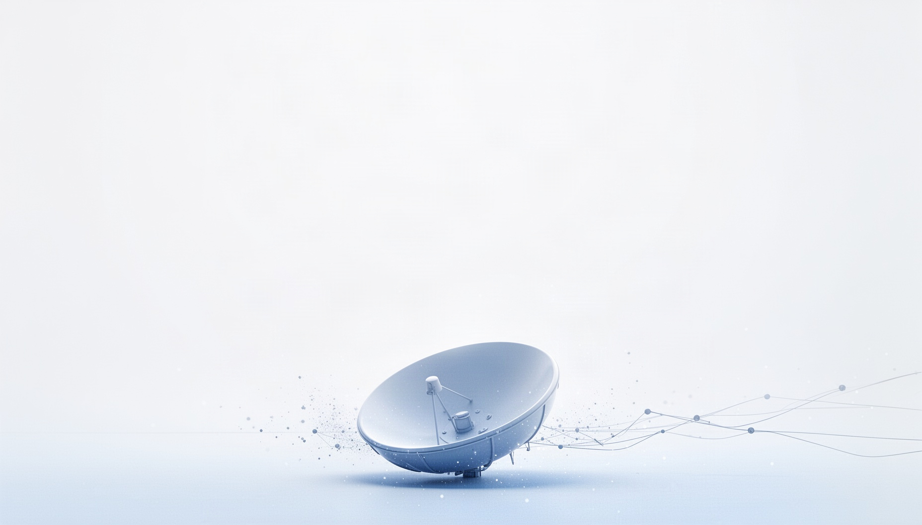Telecommunication powerpoint background with a holographic microwave dish along the bottom edge, white