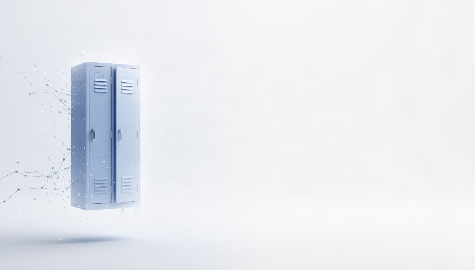 Classroom background for google slides with a holographic locker door on the left edge, white