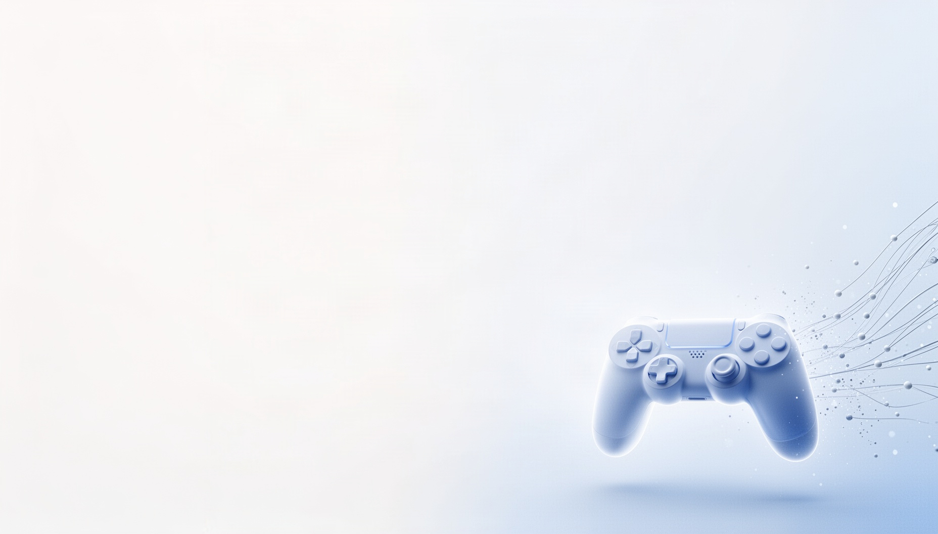Gaming presentation background with a holographic controller trigger in opposite corners (top left, bottom right), white