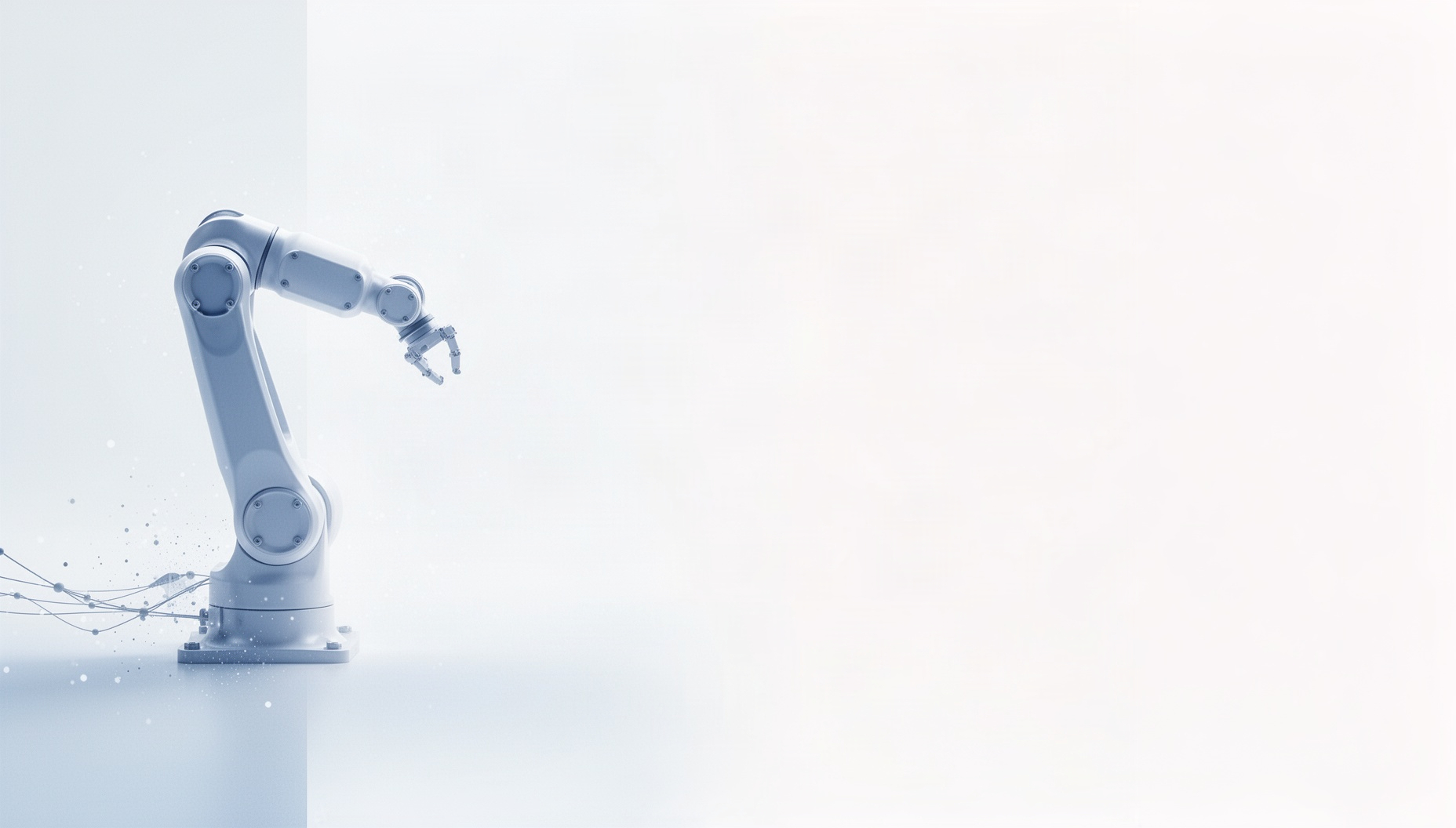 Automation powerpoint background with a holographic robotic arm on the left edge, white