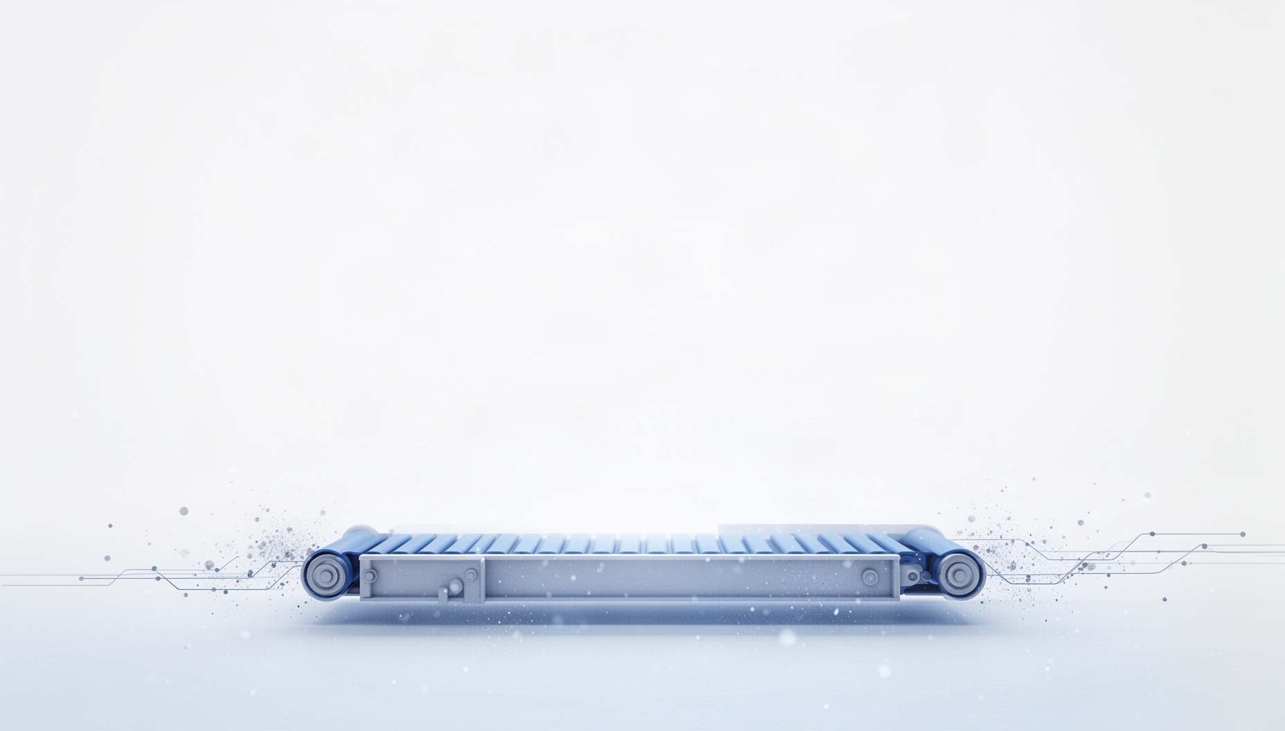 Automation powerpoint background with a holographic conveyor belt along the bottom edge, white