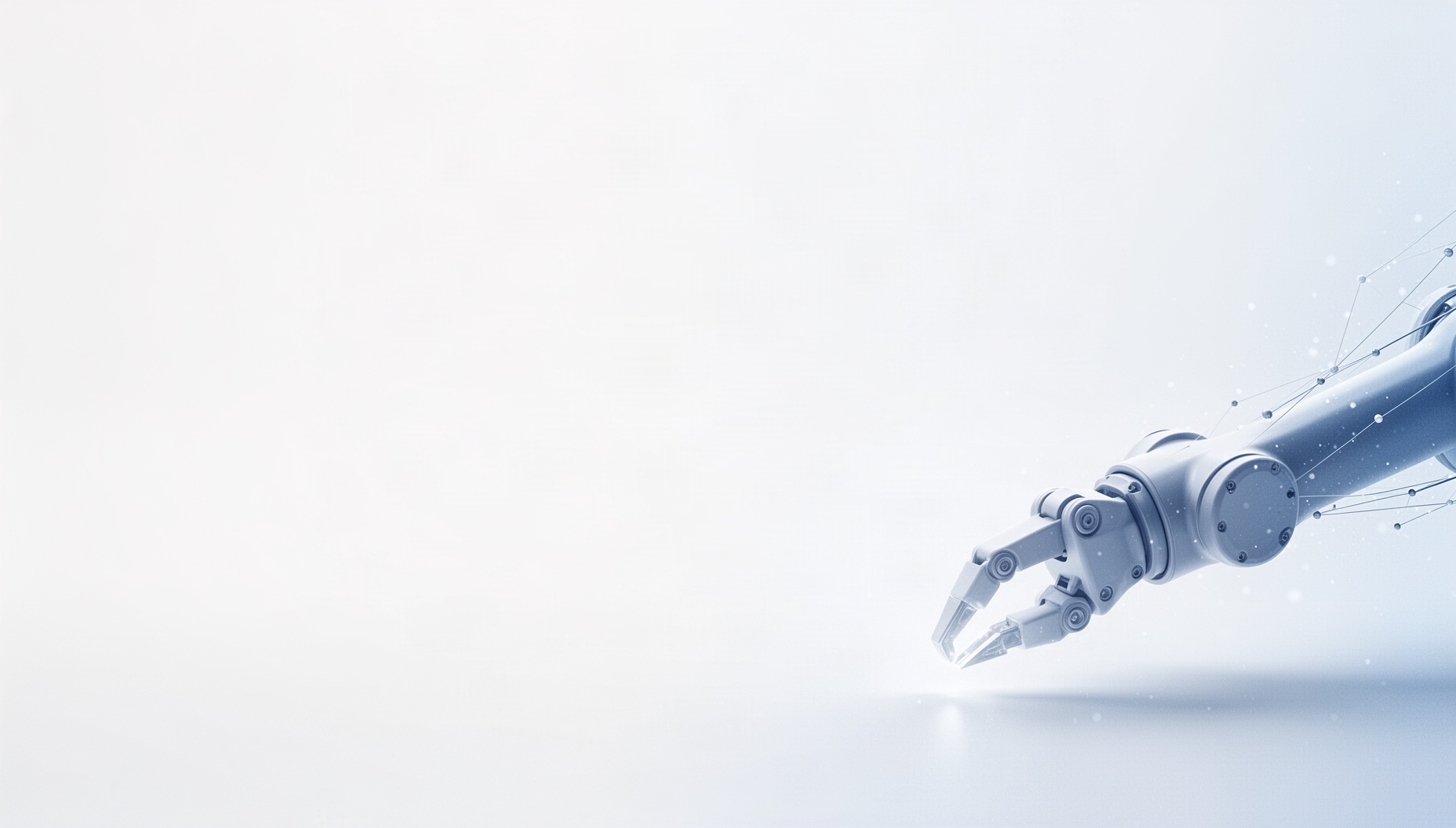 Automation powerpoint background with a holographic robot gripper in opposite corners (top left, bottom right), white