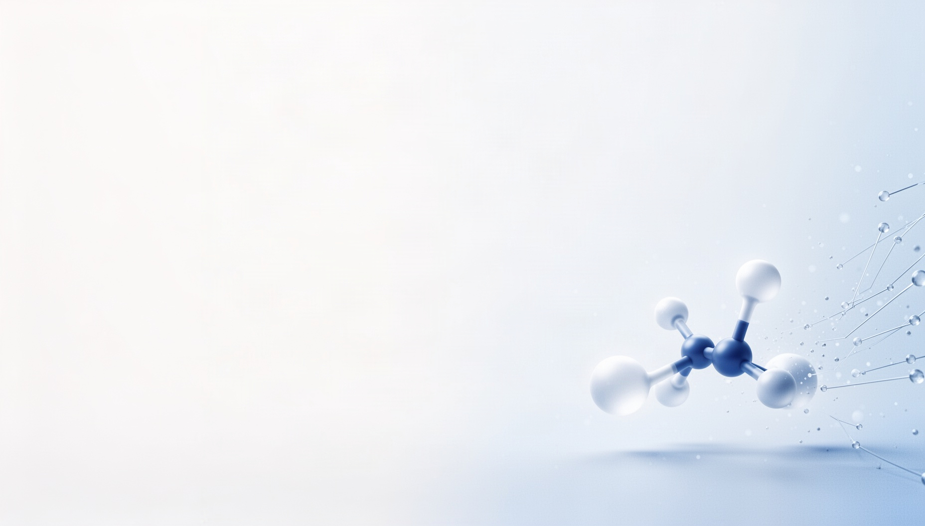 Medical slides background with a holographic radiotracer molecule in opposite corners (top left, bottom right), white