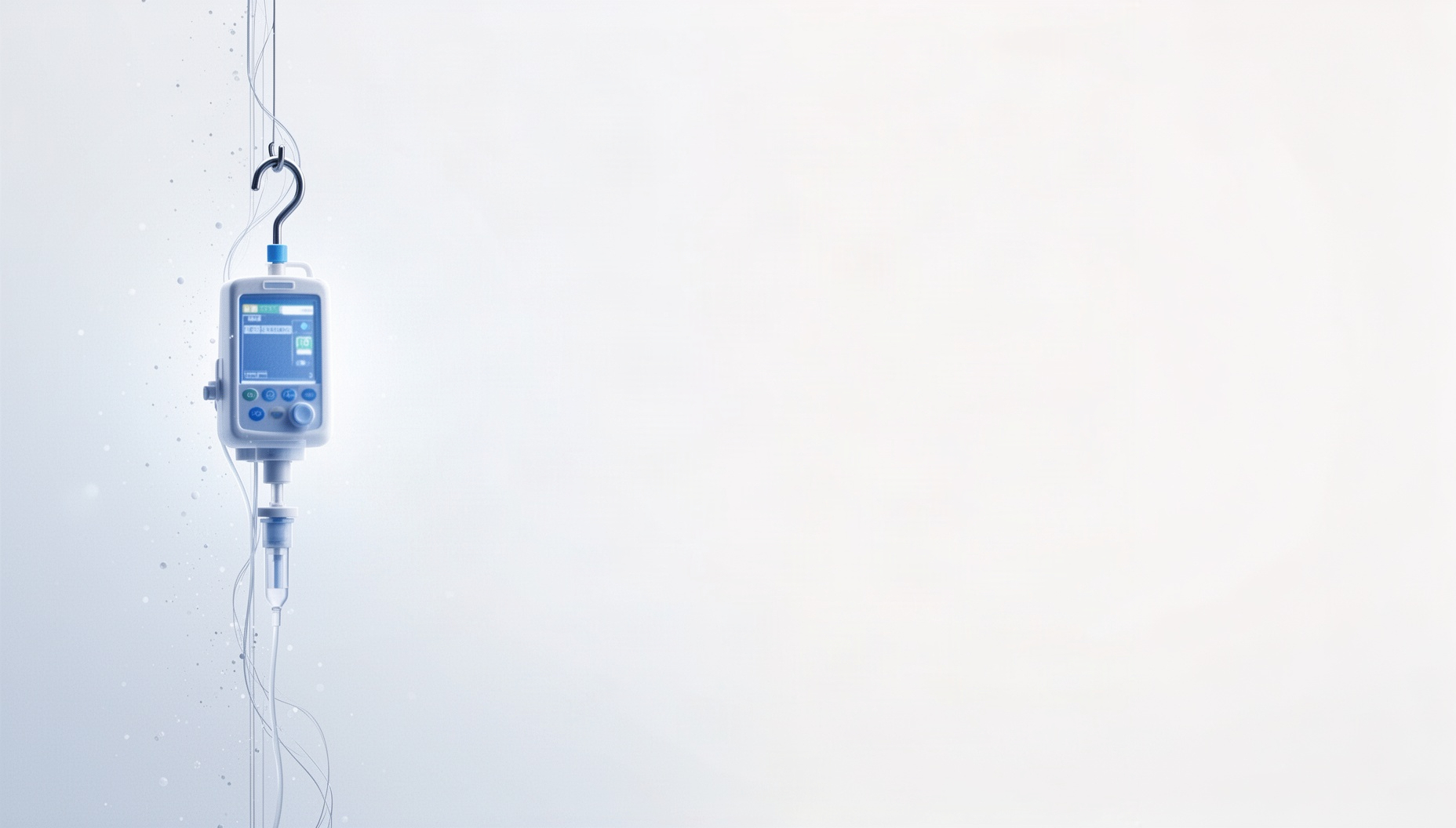 Pharmacy presentation background with a holographic infusion pump on the left edge, white