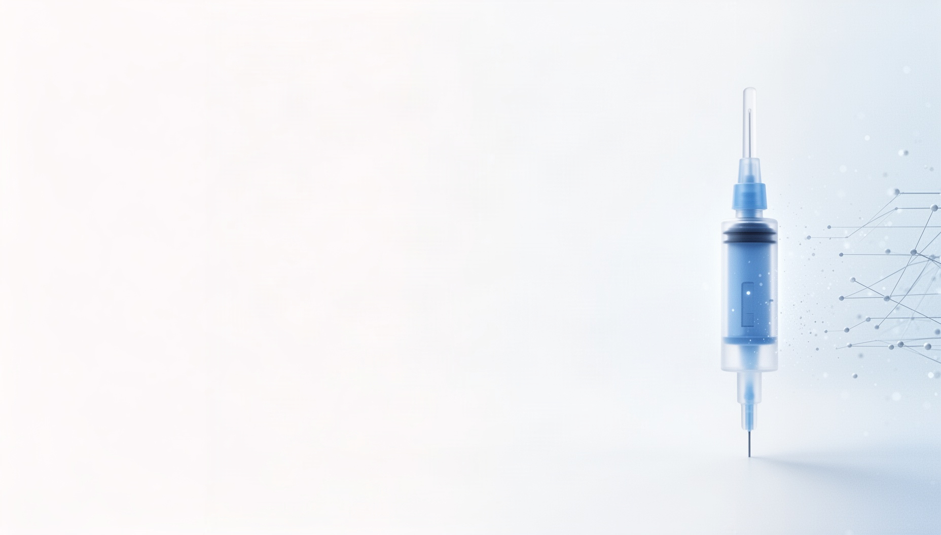 Pharmacy presentation background with a holographic syringe pump on the right edge, white