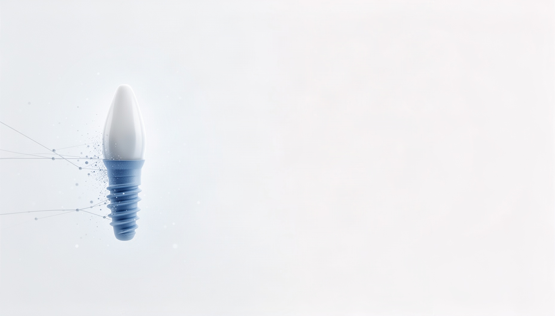 Dental implant powerpoint background with a holographic dental implant tip on the left edge, white