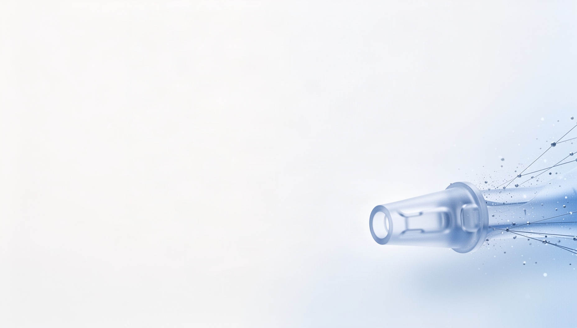 Dental implant powerpoint background with a holographic guide sleeve in opposite corners (top left, bottom right), white