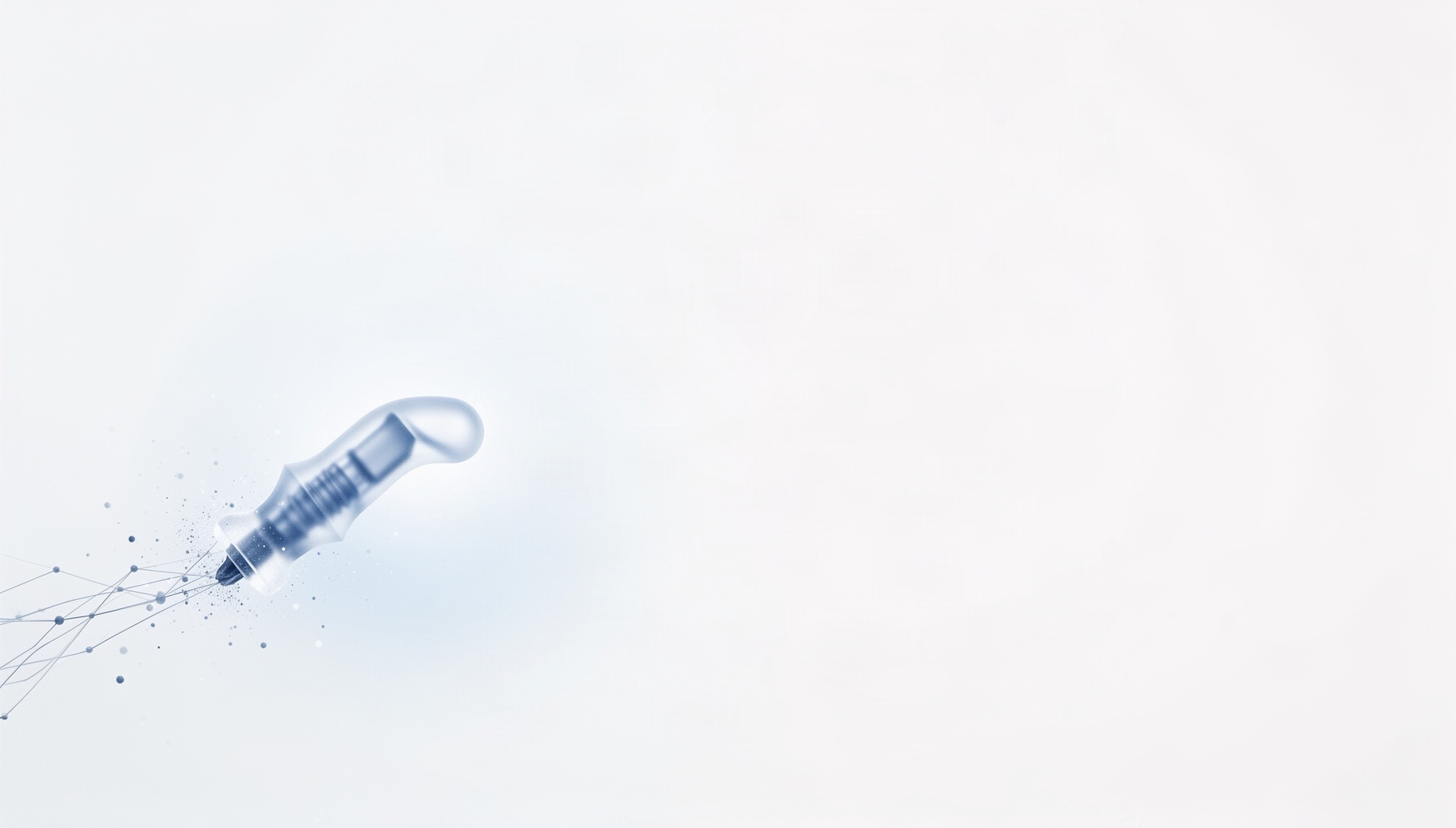 Dental implant powerpoint background with a holographic implant driver in opposite corners (bottom left, top right), white