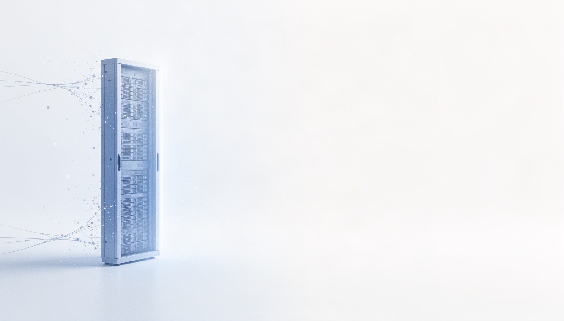 Data center slide background with a holographic server rack on the left edge, white