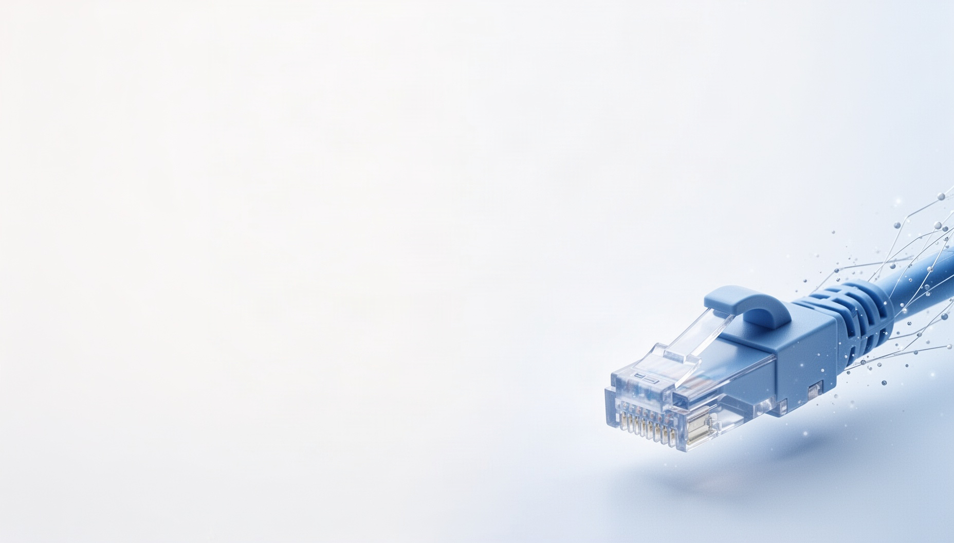 Data center slide background with a holographic ethernet connector in opposite corners (top left, bottom right), white