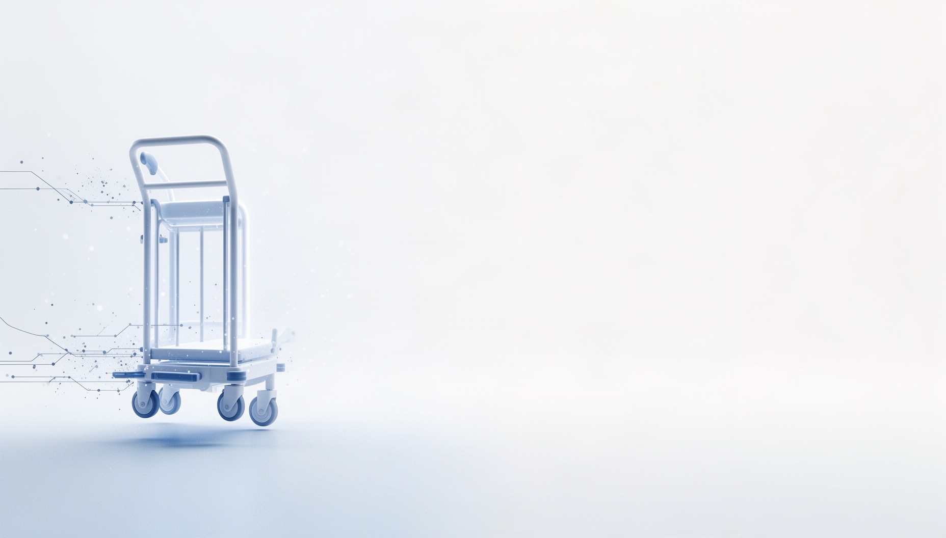 Medical presentation background with a holographic patient trolley rail on the left edge, white