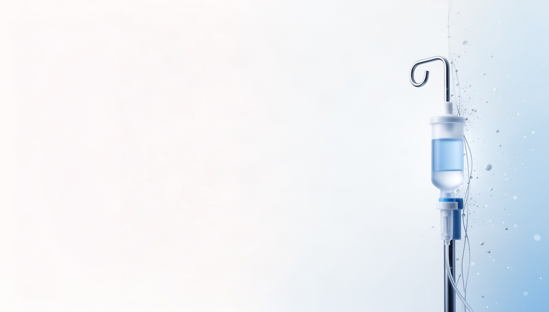 Medical presentation background with a holographic infusion pole on the right edge, white