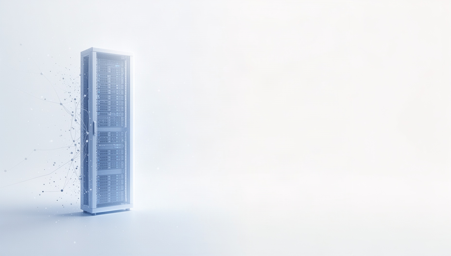 Data center PowerPoint background with a holographic server rack on the left edge, white