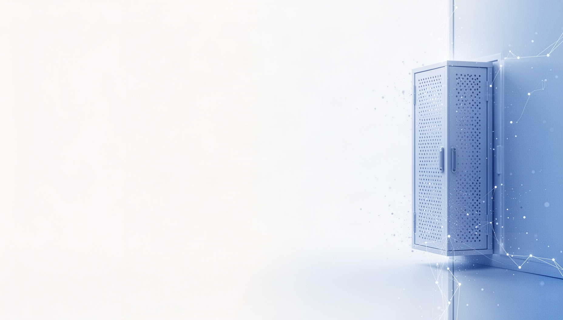 Data center PowerPoint background with a holographic storage cabinet door on the right edge, white