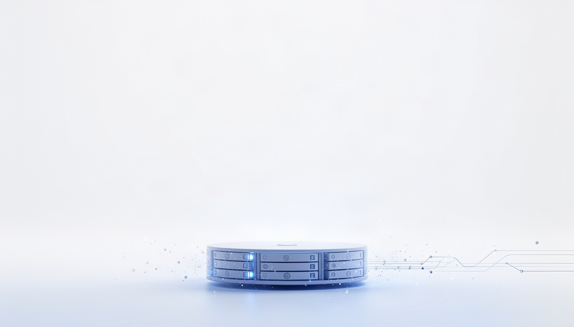 Data center PowerPoint background with a holographic disk array along the bottom edge, white
