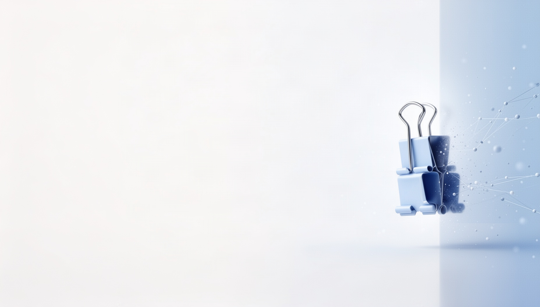 Office supplies powerpoint background with a holographic binder clip on the right edge, white