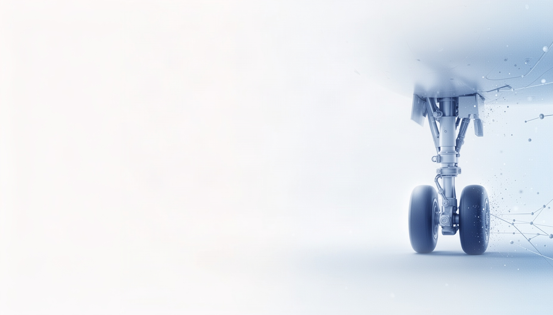 Aviation powerpoint background with a dramatically lit landing gear on the right edge, white